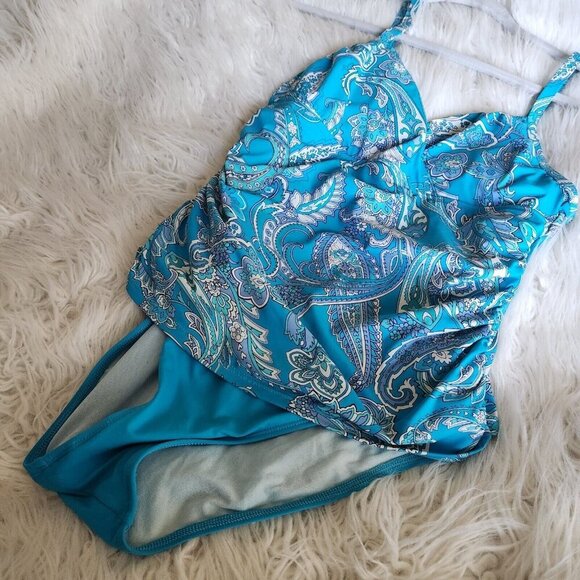 Lauren Ralph Lauren One-Piece Swimsuit 10 Bandana Paisley Aqua Blue Ruched V Nec - Picture 4 of 11
